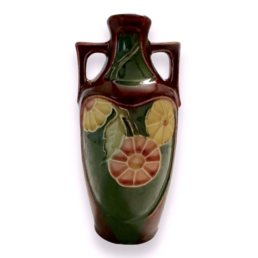 Vintage Barbotine Majolica Small Floral Pottery Vase